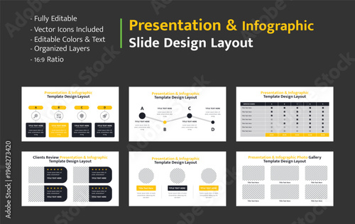 Editable presentation and infographic slide template layout with various data visualization options