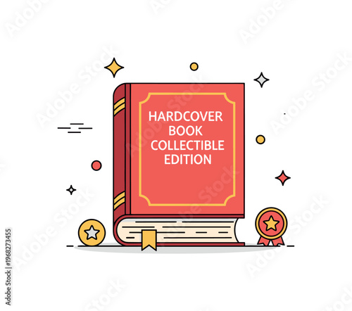 Hardcover book collectible edition scene where a hardcover book with gold embossing sits on display while tiny sparkle and star icons highlight