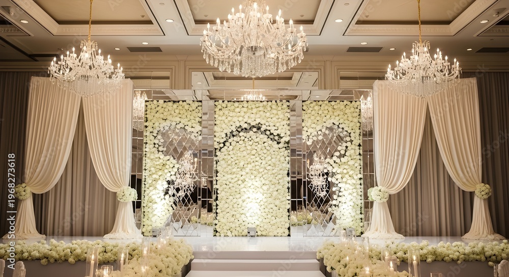 Obraz premium Luxury wedding stage decoration with white roses and crystal chandeliers