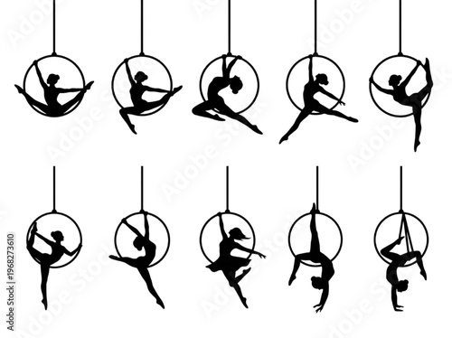 Dynamic black silhouettes of female aerial acrobats showcasing an array of captivating poses on the aerial hoop, embodying strength, grace, and artistic performance in a single collection