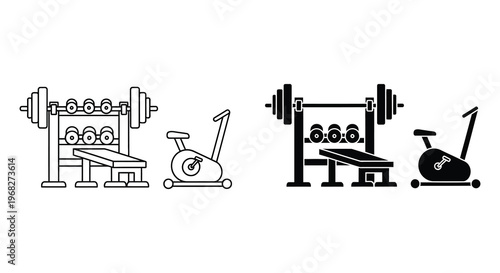 Black and white gym equipment icons displaying fitness tools silhouette