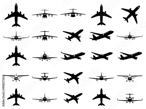 Diverse collection of jet aircraft silhouettes showcasing various flight perspectives and passenger plane designs, perfect for aviation and travel-themed creative projects