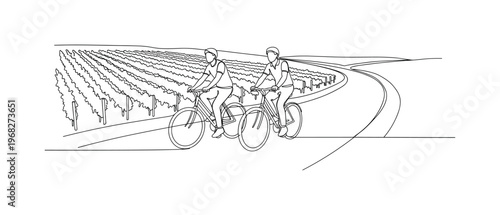 Countryside Cycling. Minimalistic one-line drawing couple pedaling along village road bordered by vineyards, continuous single black line on white background,