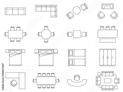 Comprehensive collection of modern top-down furniture plan view outlines, ideal for architectural interior design layouts and detailed home staging projects, facilitating precise space planning