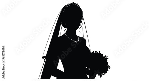 Elegant bride with veil and bouquet a striking black silhouette