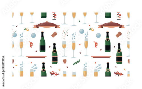 sparkling drink motifs seamless pattern, repeating pattern, surface design, textile print, modern illustration of champagne flutes, sparkling bubbles, bottles,