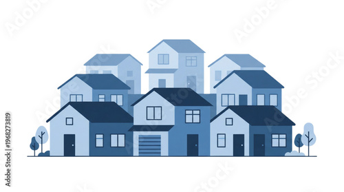 A picturesque illustration showcasing a charming neighborhood with a cluster of diverse residential houses in varying shades of blue and grey, adorned with a few green trees