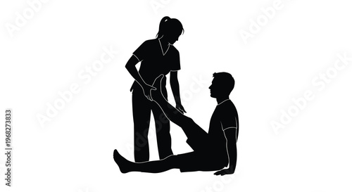 Physiotherapist assisting a male patient with leg exercise a striking silhouette