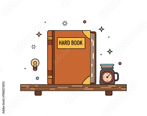 Hardcover book antique book scene where a leather-bound hardcover rests on a wooden shelf while tiny sparkle and star icons highlight heritage, history, and