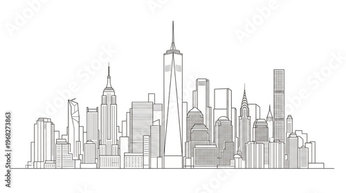 Iconic New York City Skyline Silhouette with Famous Landmarks in a Minimalist Outline Style