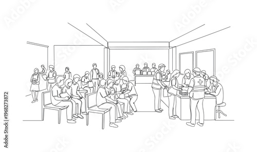 Disaster Response Center. Minimalistic one-line drawing evacuees and aid volunteers inside center, continuous single black line on white background, simple