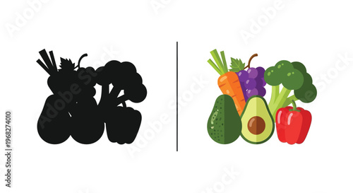 Colorful vegetables and fruits contrasted with a black silhouette