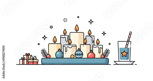 Candle centerpiece holiday dinner concept where a lit candle in a glass holder is surrounded by ornaments and small greenery while tiny sparkle and star icons