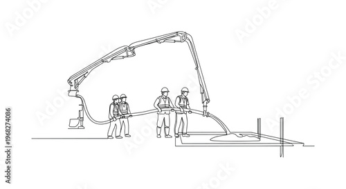 Concrete Placement. Minimalistic one-line drawing operators managing pump hose directing concrete, continuous single black line on white background, simple