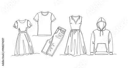 Eco-Friendly Garments. Minimalistic one-line drawing clothing items made of organic or recycled materials, continuous single black line on white background,