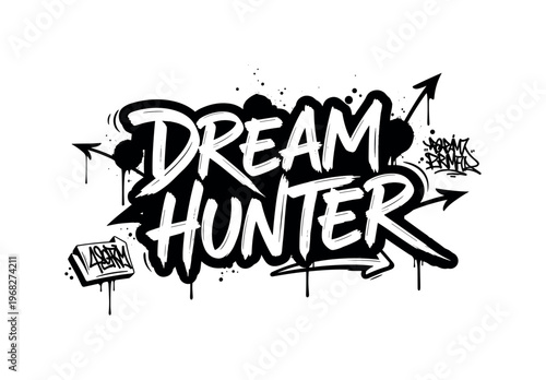 Dream Hunter. lettering and all elements in black. Vector style. AWhite background. Pure white background. Perfect isolation and visual consistency. Dynamic