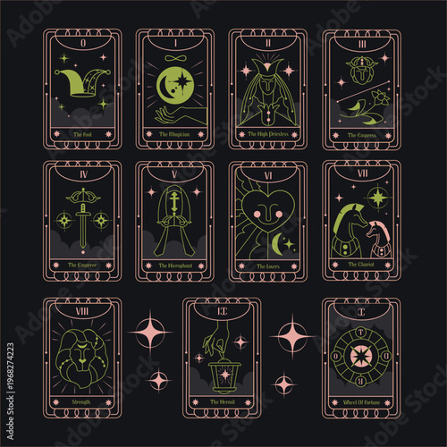 Collection of nine tarot cards with mystical symbols and pink outlines