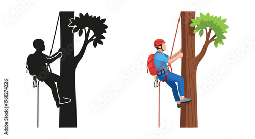 Tree climbing with ropes a colorful depiction and black silhouette