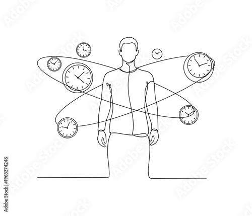 Clock Orbit. Minimalistic one-line drawing human silhouette with floating analog clocks around, continuous single black line on white background, simple