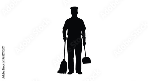 A full body silhouette of a worker holding cleaning tools silhouette