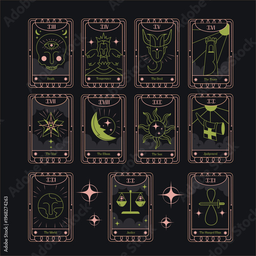 Collection of nine tarot cards with mystical symbols and pink outlines