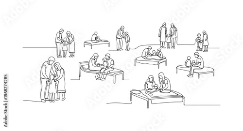 Temporary Shelter Scene. Minimalistic one-line drawing families inside evacuation center, continuous single black line on white background, simple outline