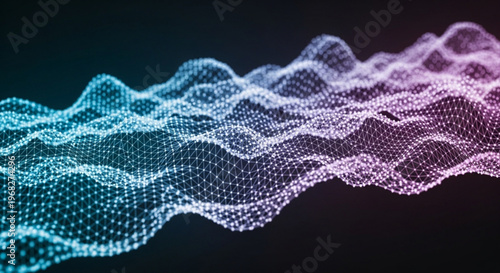 Vibrant gradient waveform of dots and lines in blue purple and pink on dark background representing data visualization and technology