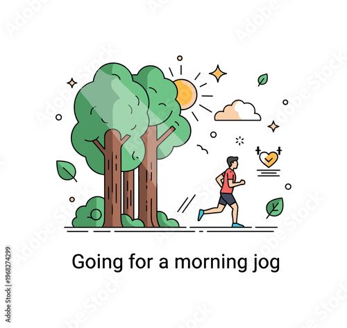 Going for a morning jog forest jogging path concept where a jogger passes tall trees and sunlight filtering through foliage while tiny sparkle and leaf icons