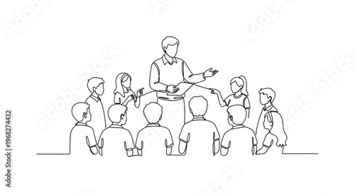 Equitable Classroom. Minimalistic one-line drawing teacher interacting equally with all students, continuous single black line on white background, simple