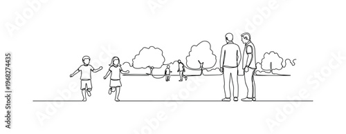 Green Urban Area. Minimalistic one-line drawing people enjoying open space, kids running and parents watching, continuous single black line on white