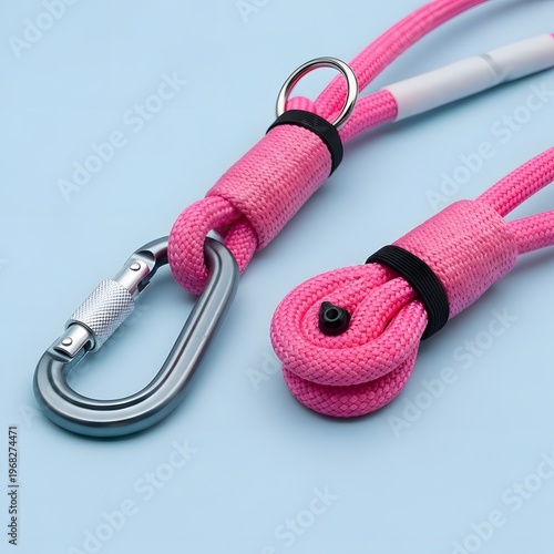 Close-up of a climbing rope with carabiners and a rope protector sleeve