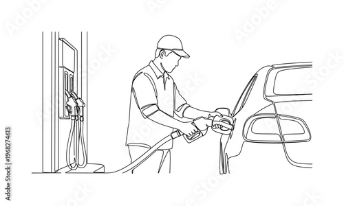 Refuel Stop. Minimalistic one-line drawing individual pumping gas into car tank at station, continuous single black line on white background, simple outline