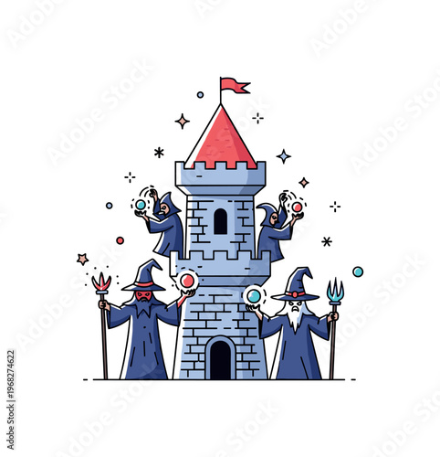 Evil sorcerers castle tower concept where sinister magic users conjure spells with glowing orbs while tiny sparkle and star icons highlight danger, dark power,