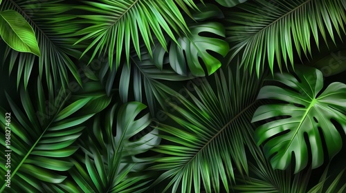 Lush Green Tropical Foliage Display Featuring Exotic Plants and Natural Tropical Backdrop Elements