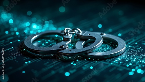 A pair of handcuffs emerging from a stream of digital code, symbolizing cybercrime arrests and online law enforcement, dark tech background with glowing elements
