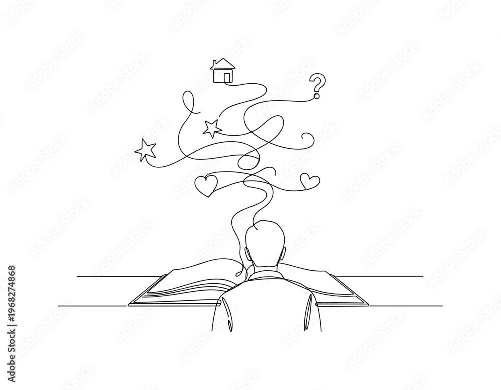 Fototapeta premium Narrative Planning. Minimalistic one-line drawing person connecting story elements visually above book, continuous single black line on white background,