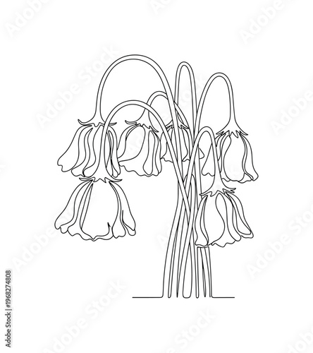 Fading Blossoms. Minimalistic one-line drawing flowers losing upright posture, continuous single black line on white background, simple outline style, no