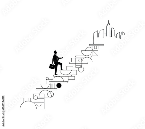 climbing the career ladder geometric circles semicircles thin lines and abstract blocks realistic black and white professional ascending symbolic ladder with