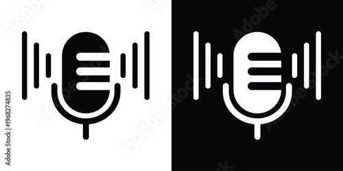 Professional studio microphone icon with sound waves on either side, representing podcasting, broadcasting, voice recording, radio, and vocal performance. Bold vector style.