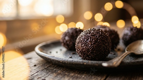 Festive Chocolate Brigadeiro Brazilian Treat with Light Bokeh, and Warm Ambience.