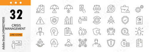 Crisis management icons set representing risk control, emergency response, problem solving, leadership and business recovery strategies in clean outline style. Editable Stroke
