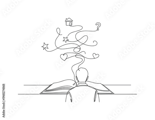 Narrative Planning. Minimalistic one-line drawing person connecting story elements visually above book, continuous single black line on white background,