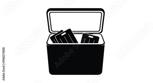 A black and white illustration of an open cooler containing several dark cutting boards high quality