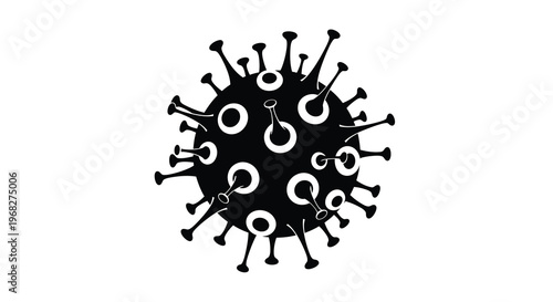 A stark black and white illustration depicts a spherical virus with numerous spike proteins radiating outwards