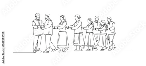 Senior Dance Mentors. Minimalistic one-line drawing seniors guiding traditional folk movements to group, continuous single black line on white background,