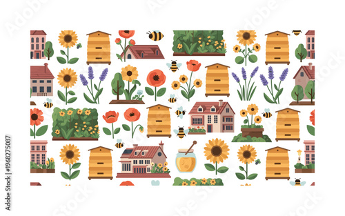 bee garden motifs seamless pattern, repeating pattern, surface design, textile print, modern illustration of beehives, bees, flowers, city rooftops, gardens,