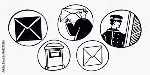 Vector illustration set of mailing for web icons including email envelope and internet postman. communication symbols