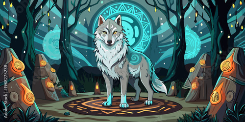 A mystical wolf with ancient tribal marking glowing in the middle of the forest. Vector cartoon illustration