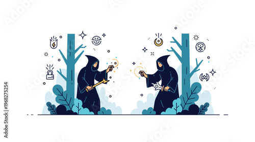 Evil sorcerers dark fantasy scene where two cloaked sorcerers cast glowing spells in a mysterious forest while small sparkle and line icons emphasize magic,