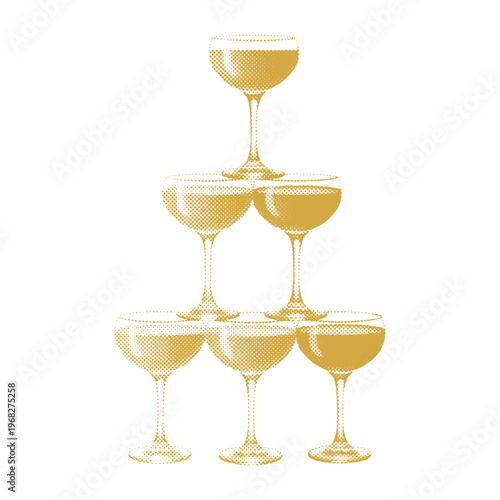 Golden Cocktail Glass Tower in Vintage Halftone Style Illustration